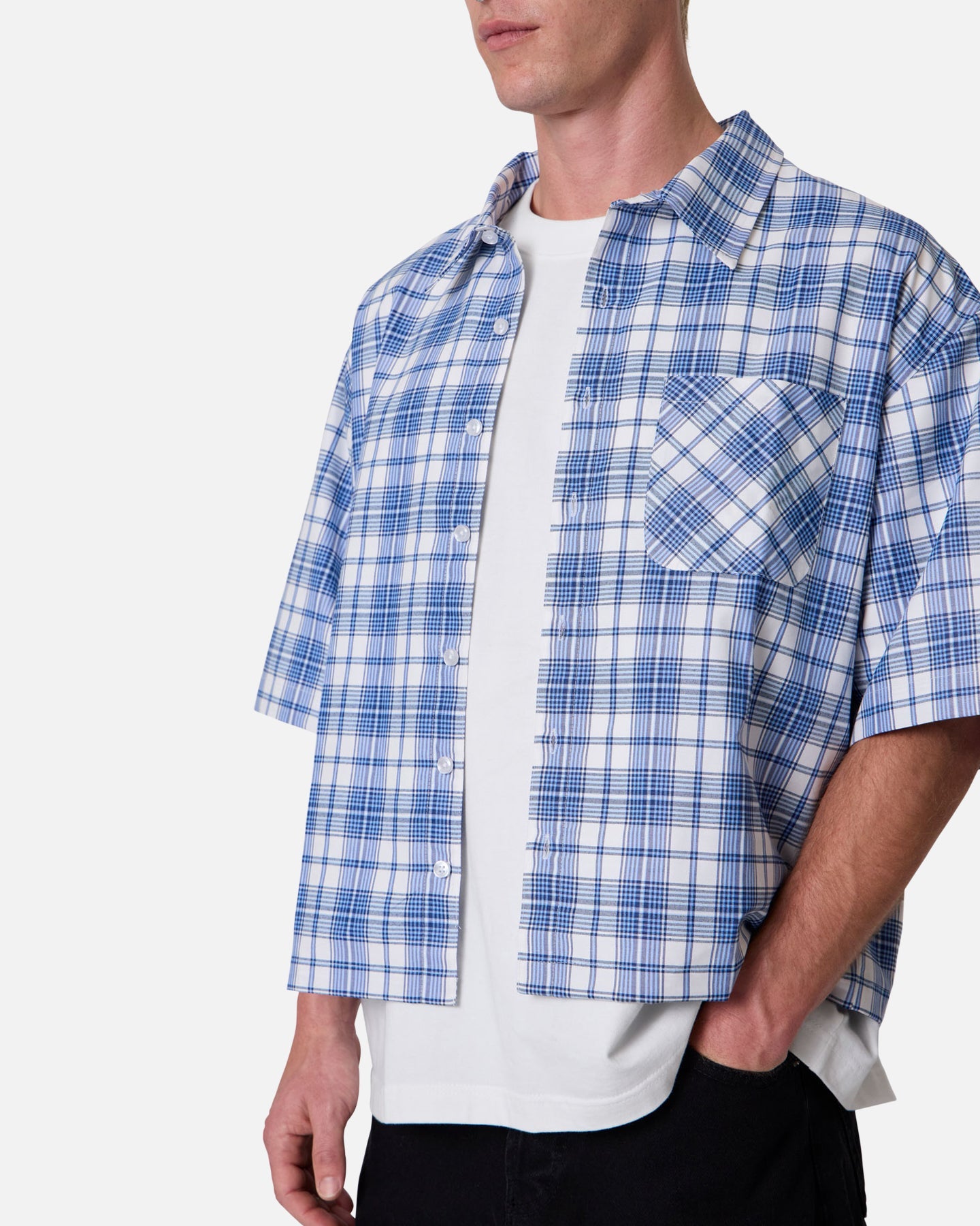 MNML Crop Flannel Short Sleeve Shirt Blue