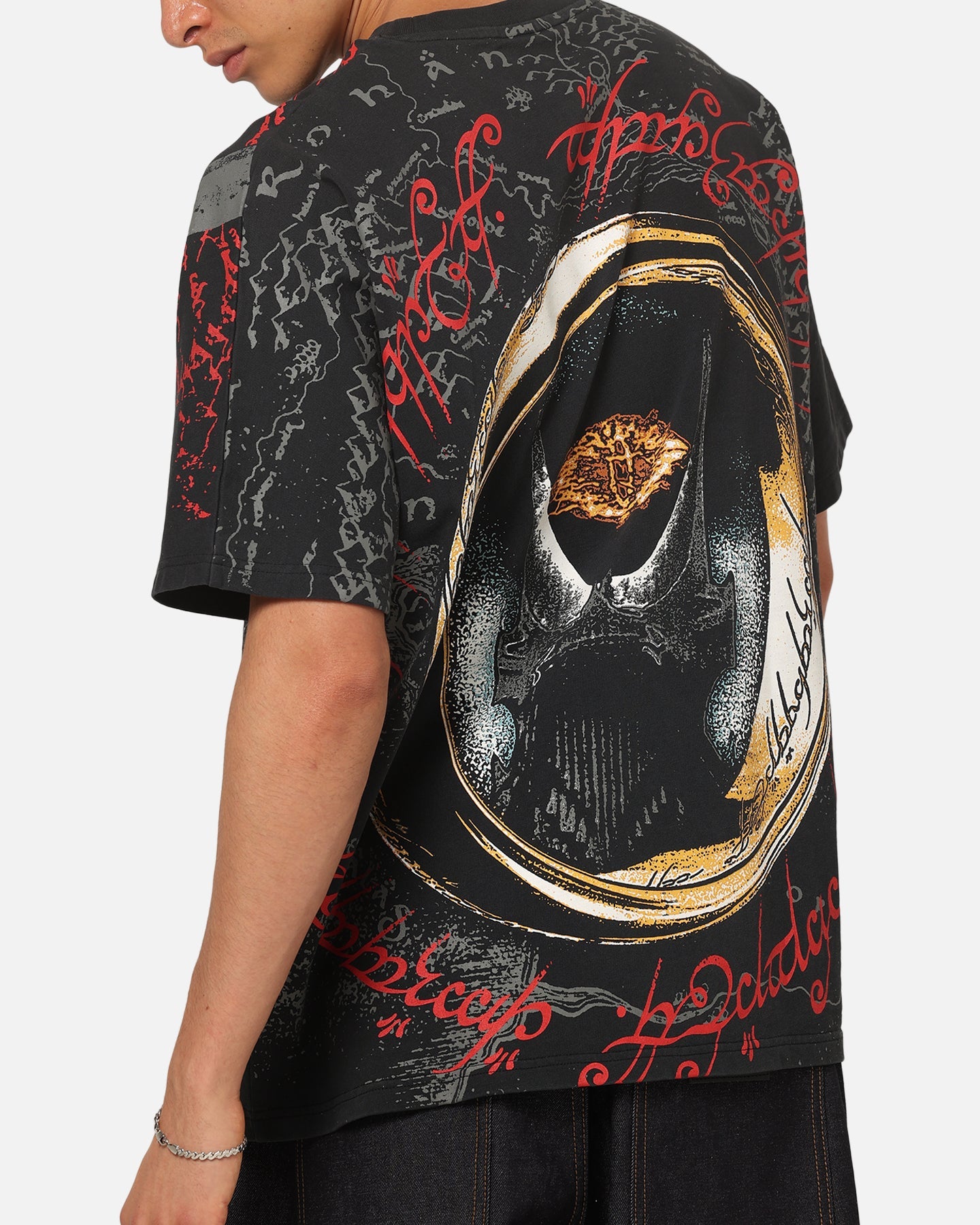 73Studio X Lord Of The Rings Sauron All Over Print T-Shirt Black Acidwash