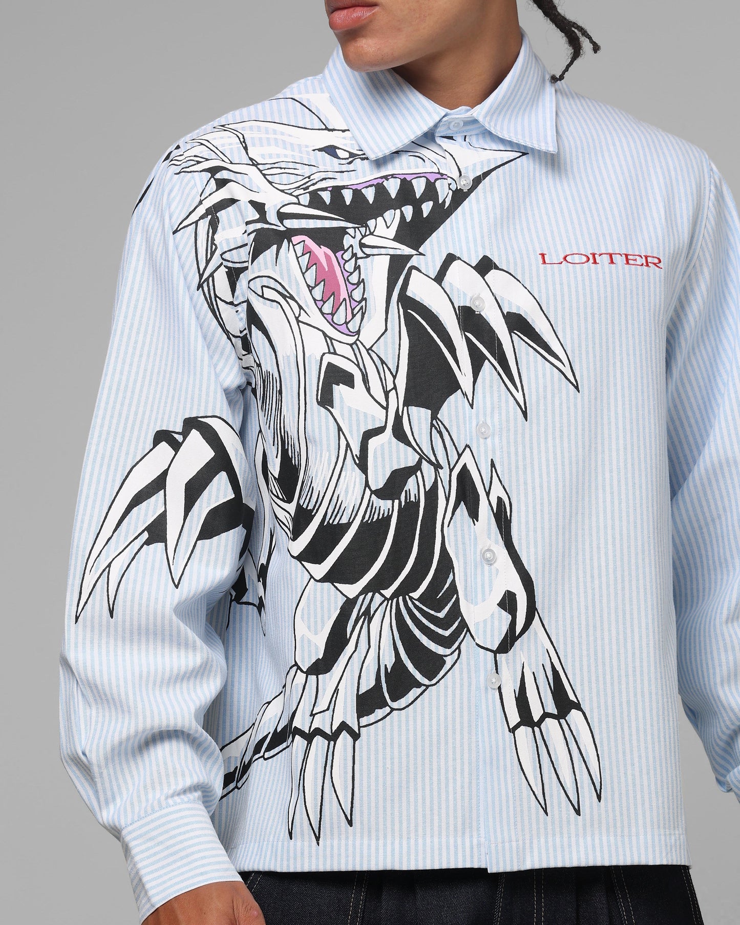 Loiter x Yu-Gi-Oh! Blue Eyes Button Up Shirt Blue Stripe