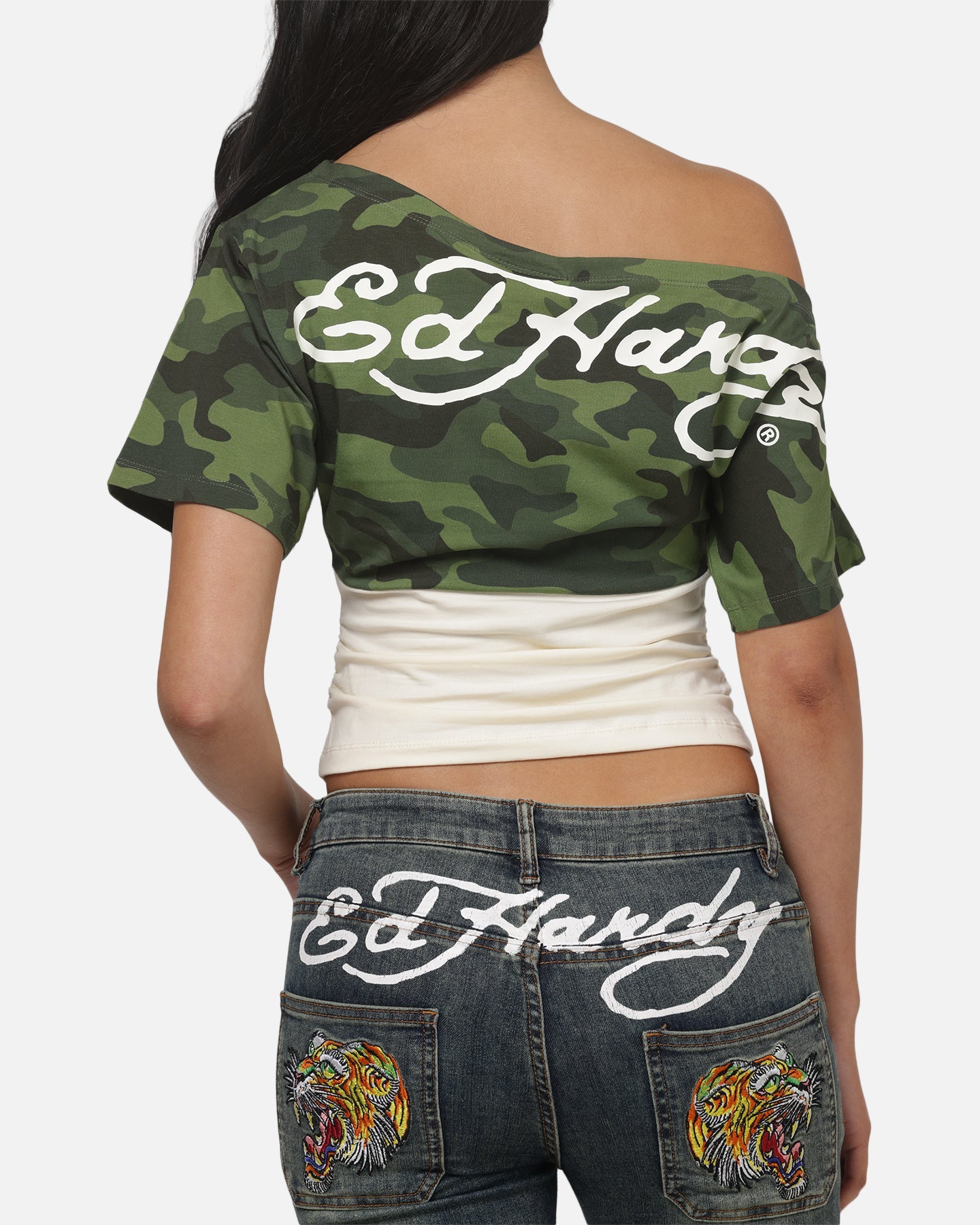 AVILA Ed Hardy Women's Off Shoulder T-Shirt Woodland Camo