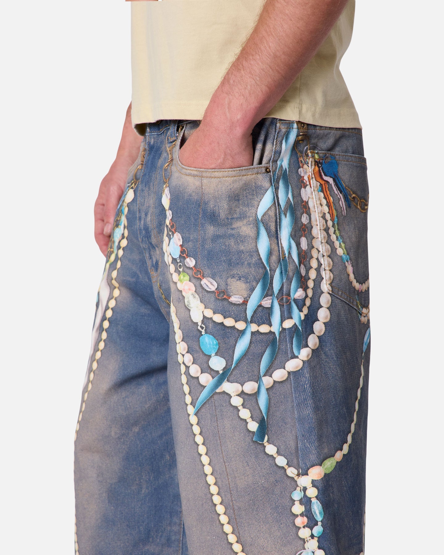 MNML Ultra Baggy Chain Printed Denim Shorts Light Blue