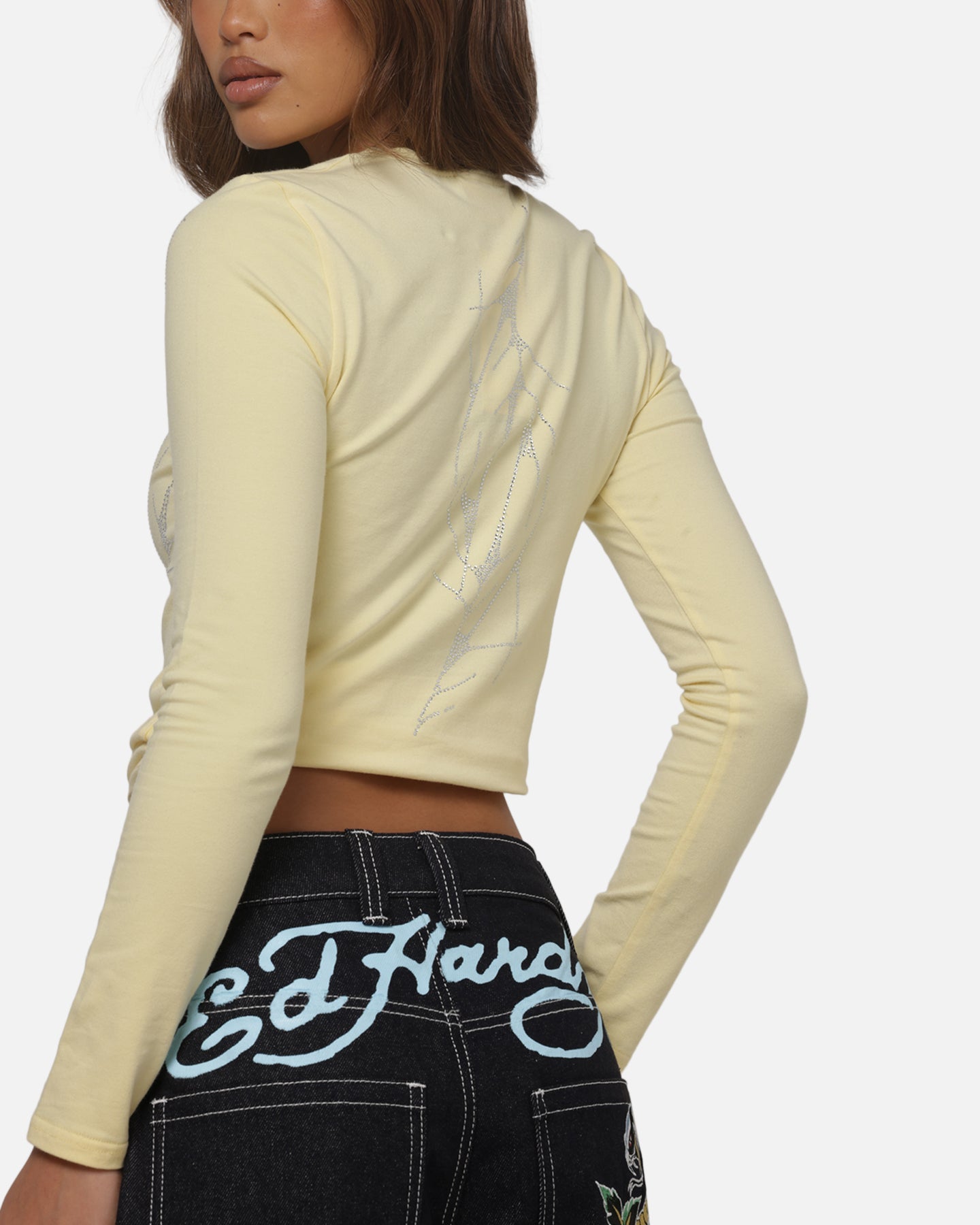 Ed Hardy Women's Cyber Rhinestone Long Sleeve T-Shirt Butter Yellow