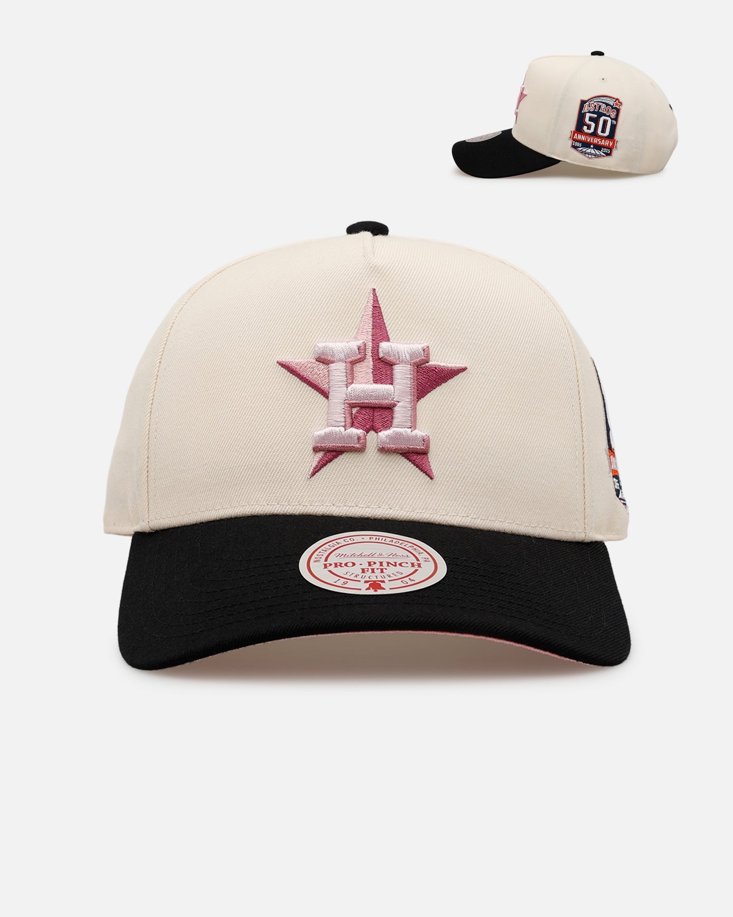 Mitchell & Ness Houston Astros 'Pink Team Logo' Pro Pinch Snapback Off White