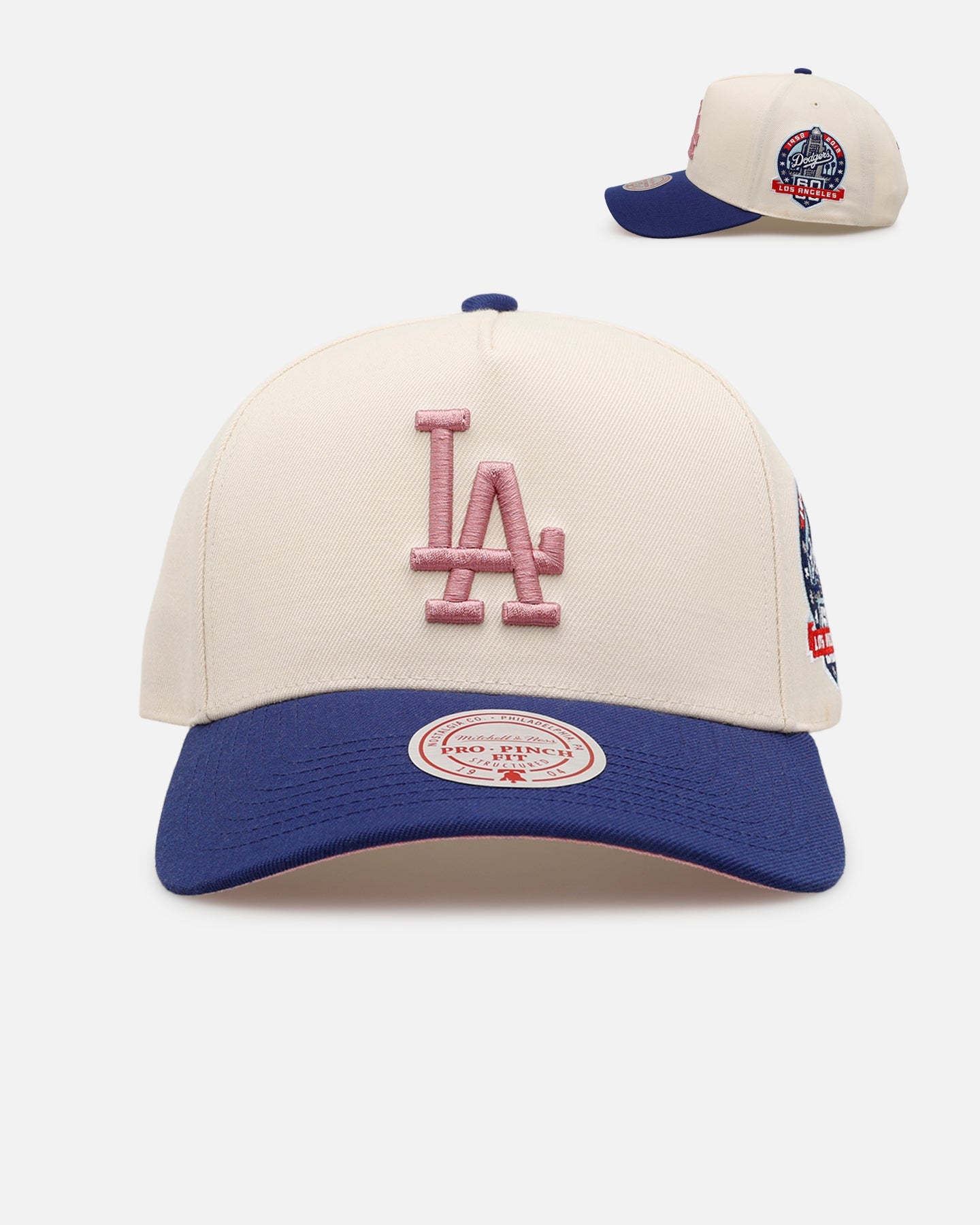 Mitchell & Ness Los Angeles Dodgers 'Pink Team Logo' Pro Pinch Snapback Off White