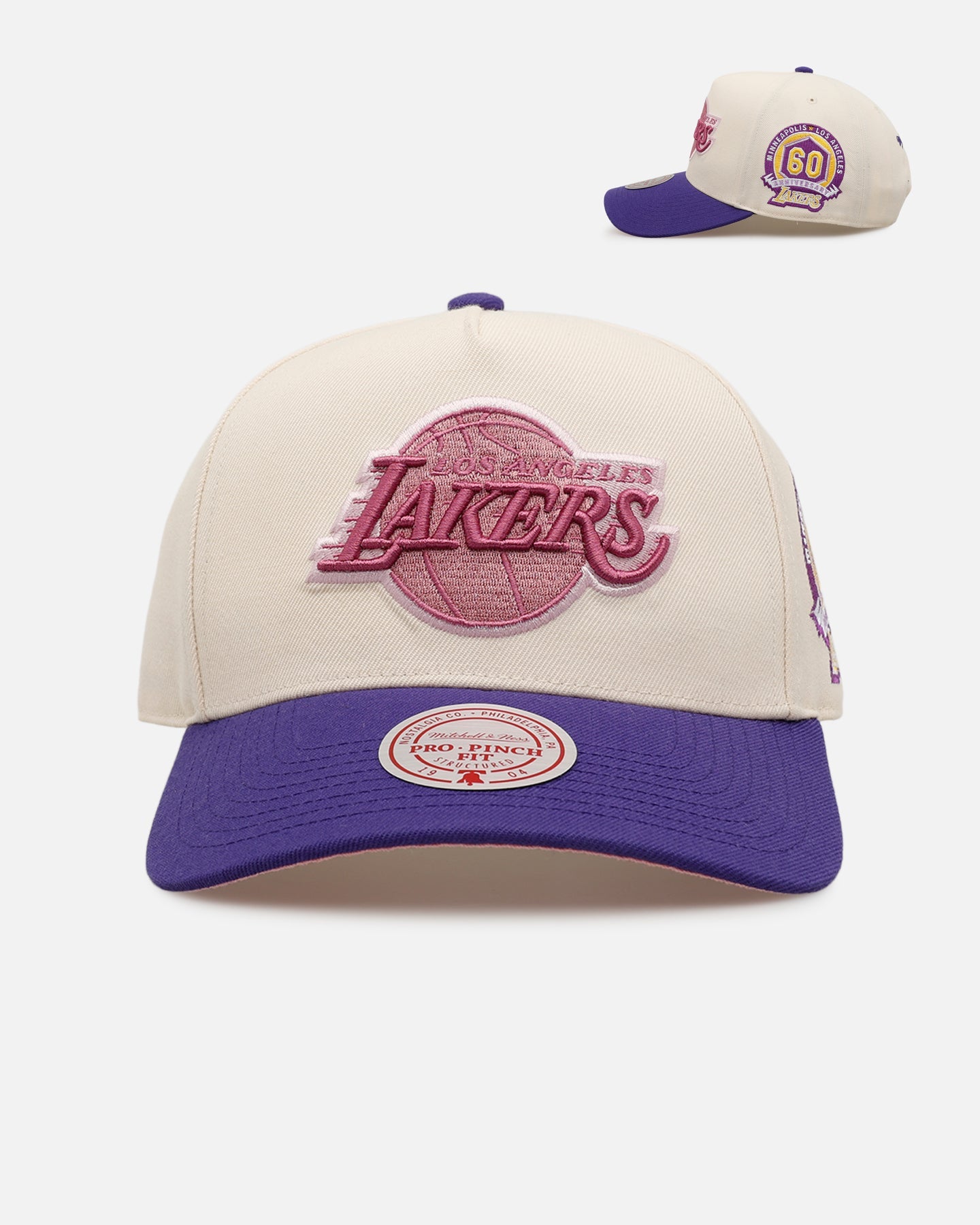 Mitchell & Ness Los Angeles Lakers 'Pink Team Logo' Pro Pinch Snapback Off White