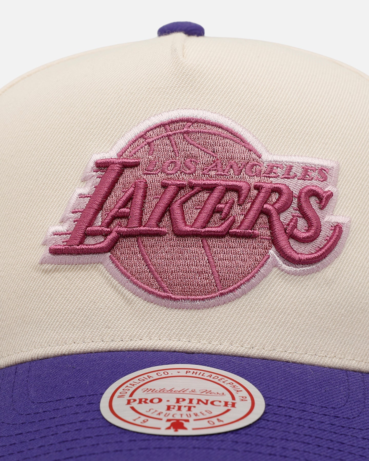 Mitchell & Ness Los Angeles Lakers 'Pink Team Logo' Pro Pinch Snapback Off White