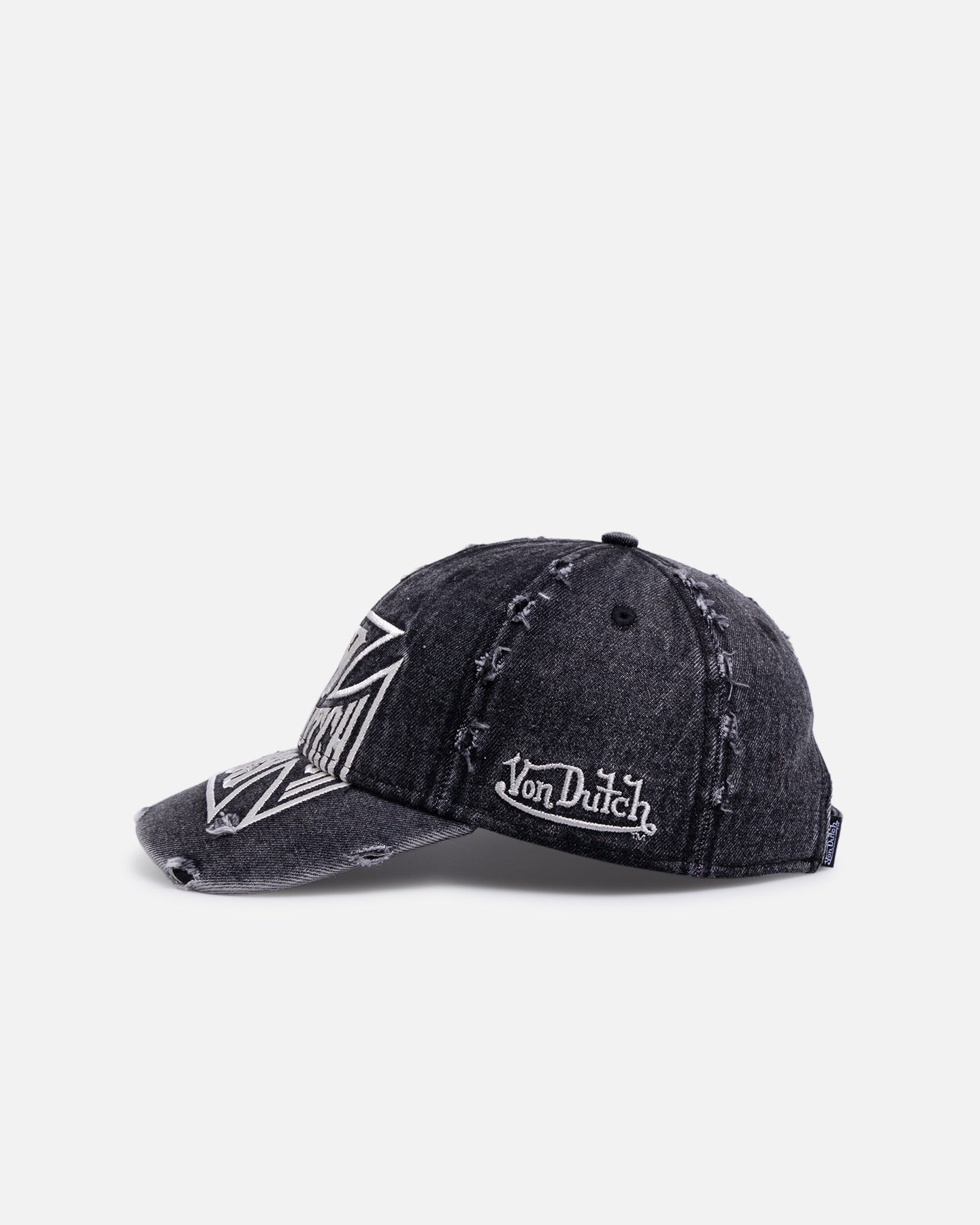Von Dutch Cross Distressed Strapback Cap Washed Black