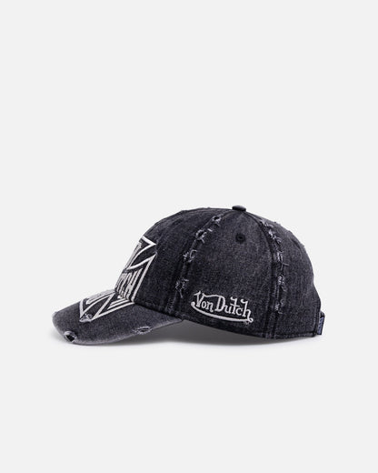 Von Dutch Cross Distressed Strapback Cap Washed Black