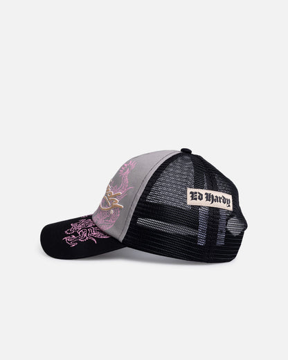 AVILA Ed Hardy Dragon Puffer Trucker Snapback Black/Pink