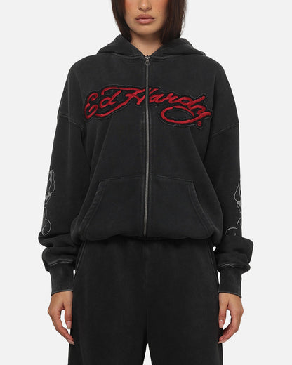 Ed Hardy Women's Rose Zip Hoodie Washed Black