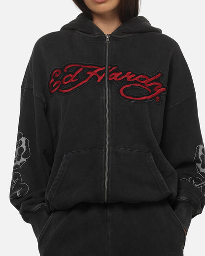 Ed Hardy Women's Rose Zip Hoodie Washed Black