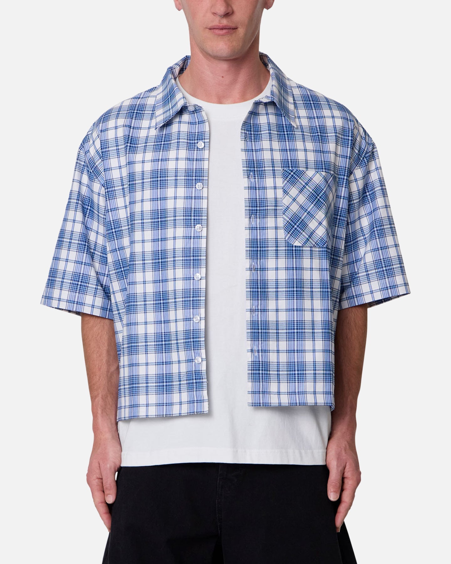 MNML Crop Flannel Short Sleeve Shirt Blue