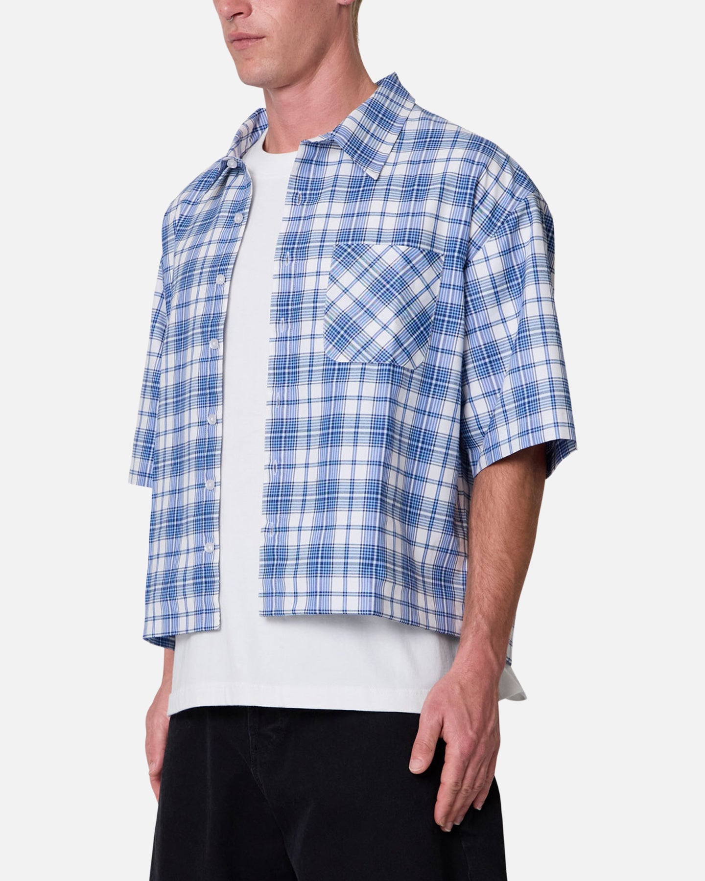 MNML Crop Flannel Short Sleeve Shirt Blue