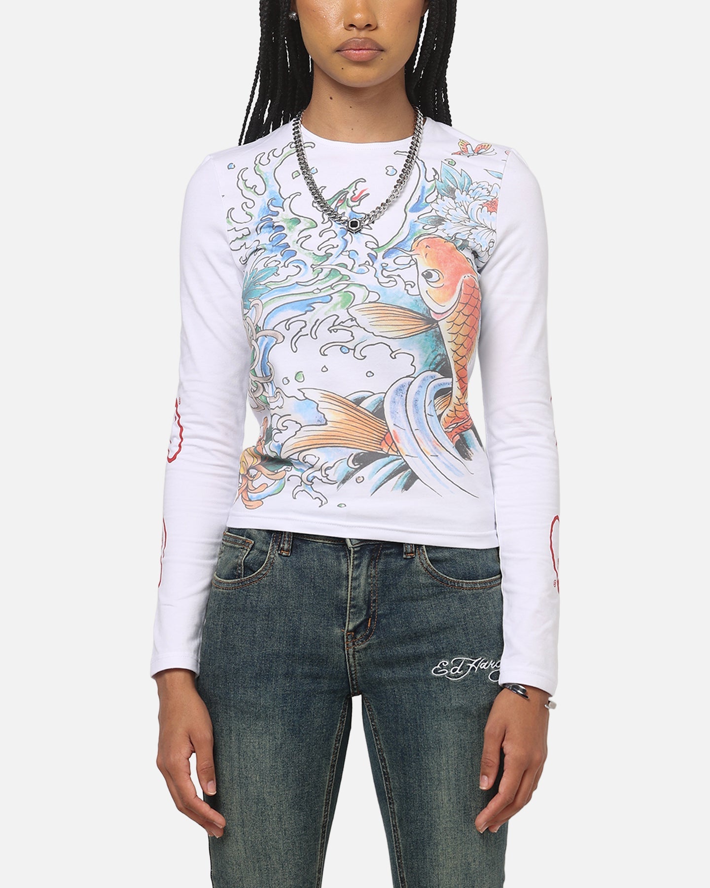 Ed Hardy Women's Koi Long Sleeve T-Shirt White
