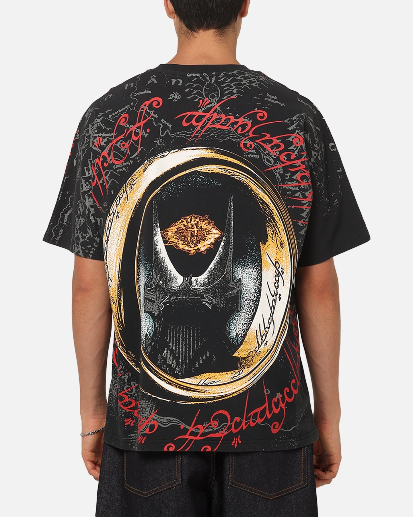 73Studio X Lord Of The Rings Sauron All Over Print T-Shirt Black Acidwash