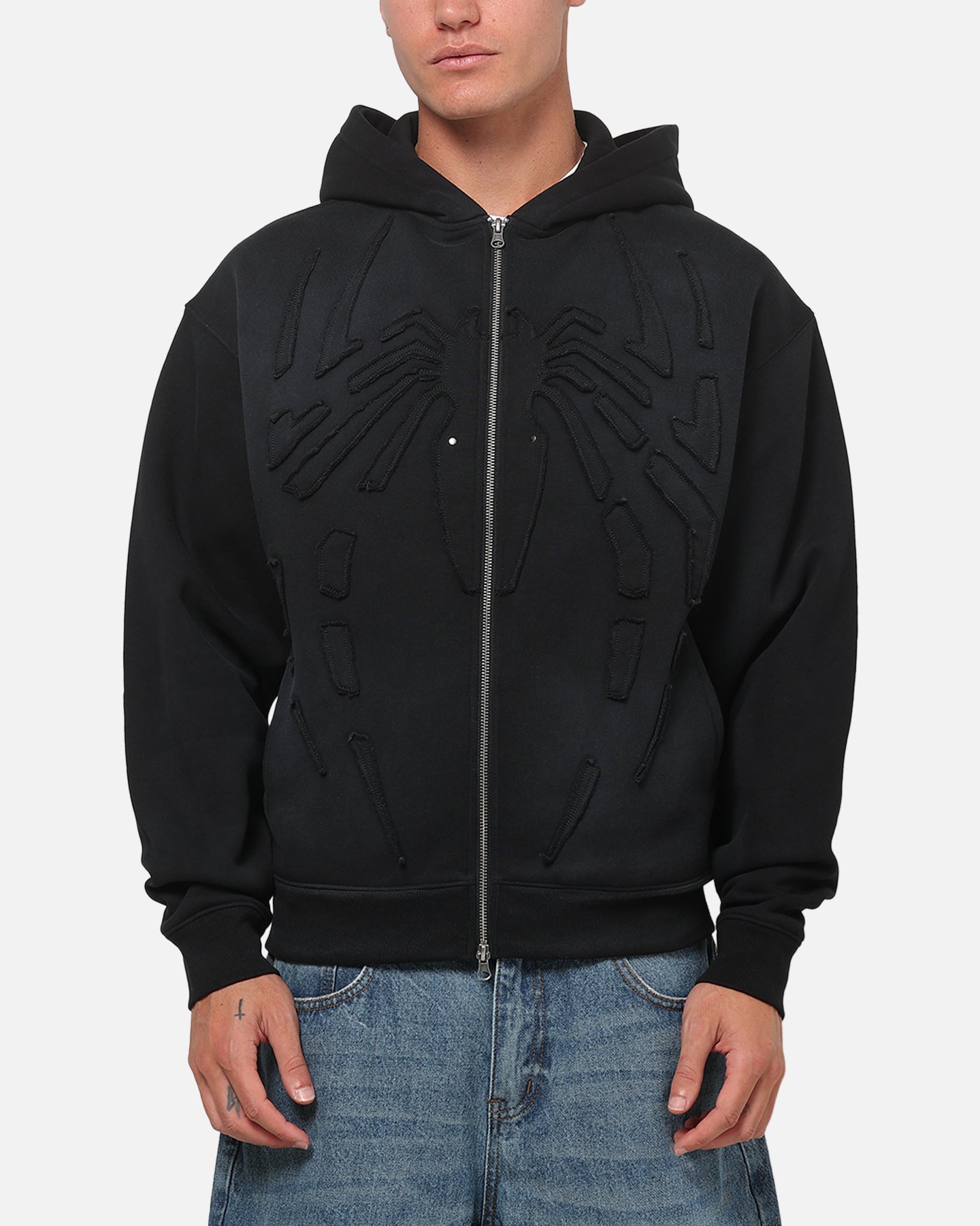73Studio Marvel Spider-Man Battle Torn Zip Hoodie Washed Black