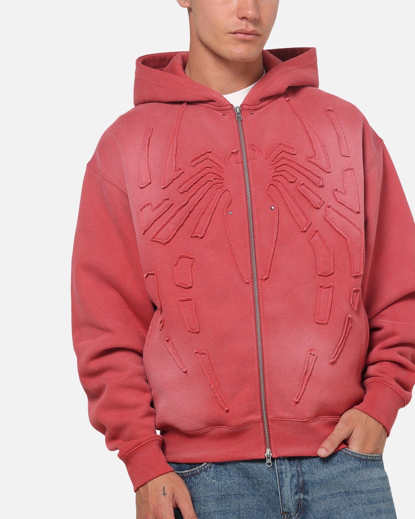 73Studio Marvel Spider-Man Battle Torn Zip Hoodie Washed Red