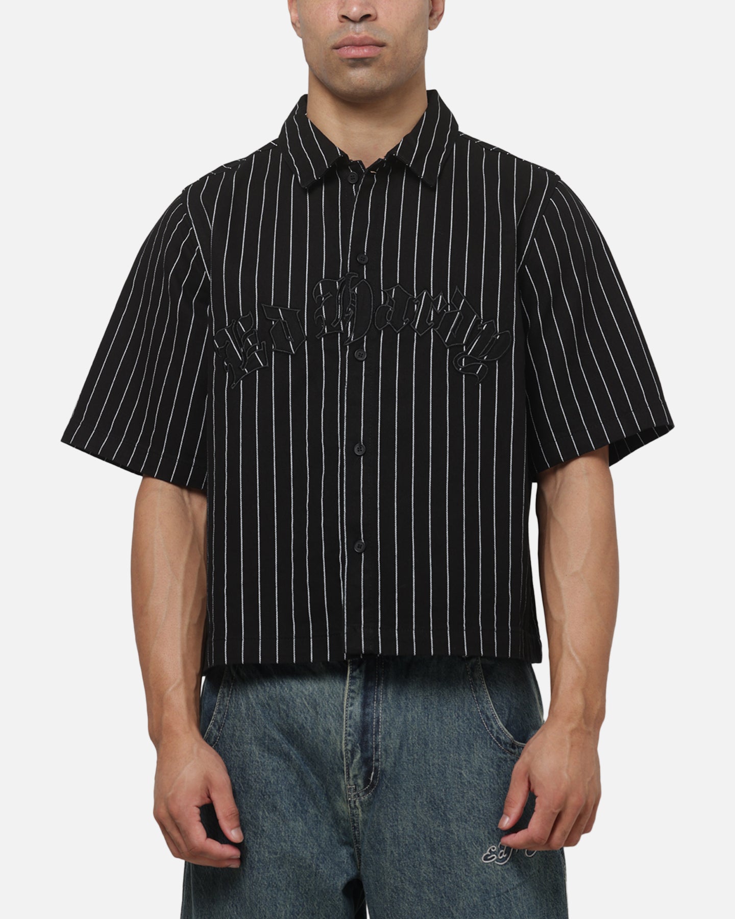 Ed Hardy Eagle Button Up Shirt Black Pinstripe