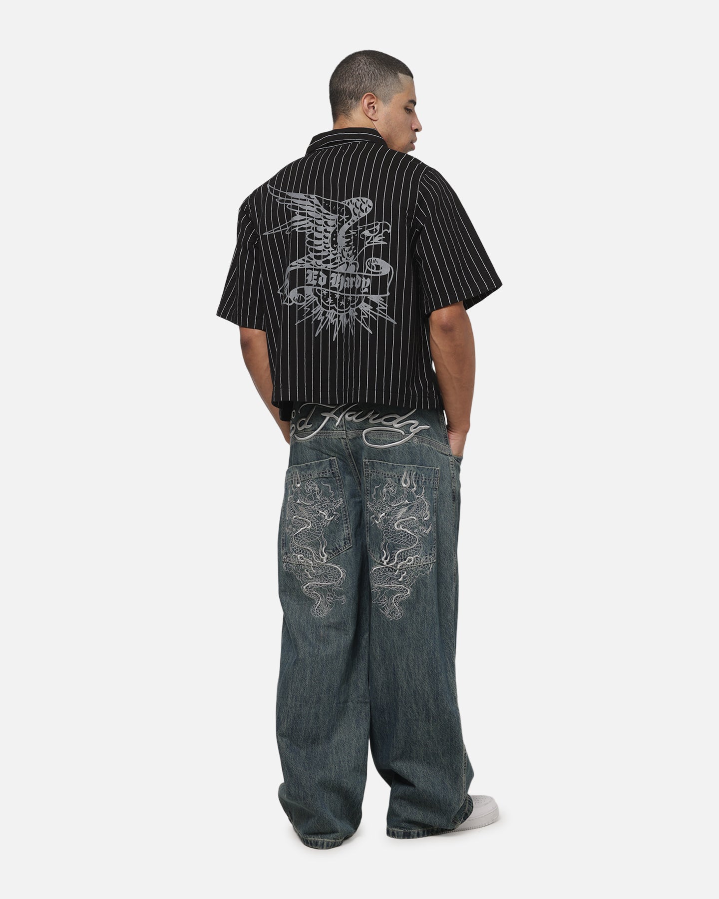 Ed Hardy Eagle Button Up Shirt Black Pinstripe