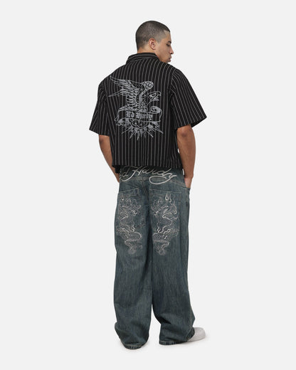 Ed Hardy Eagle Button Up Shirt Black Pinstripe