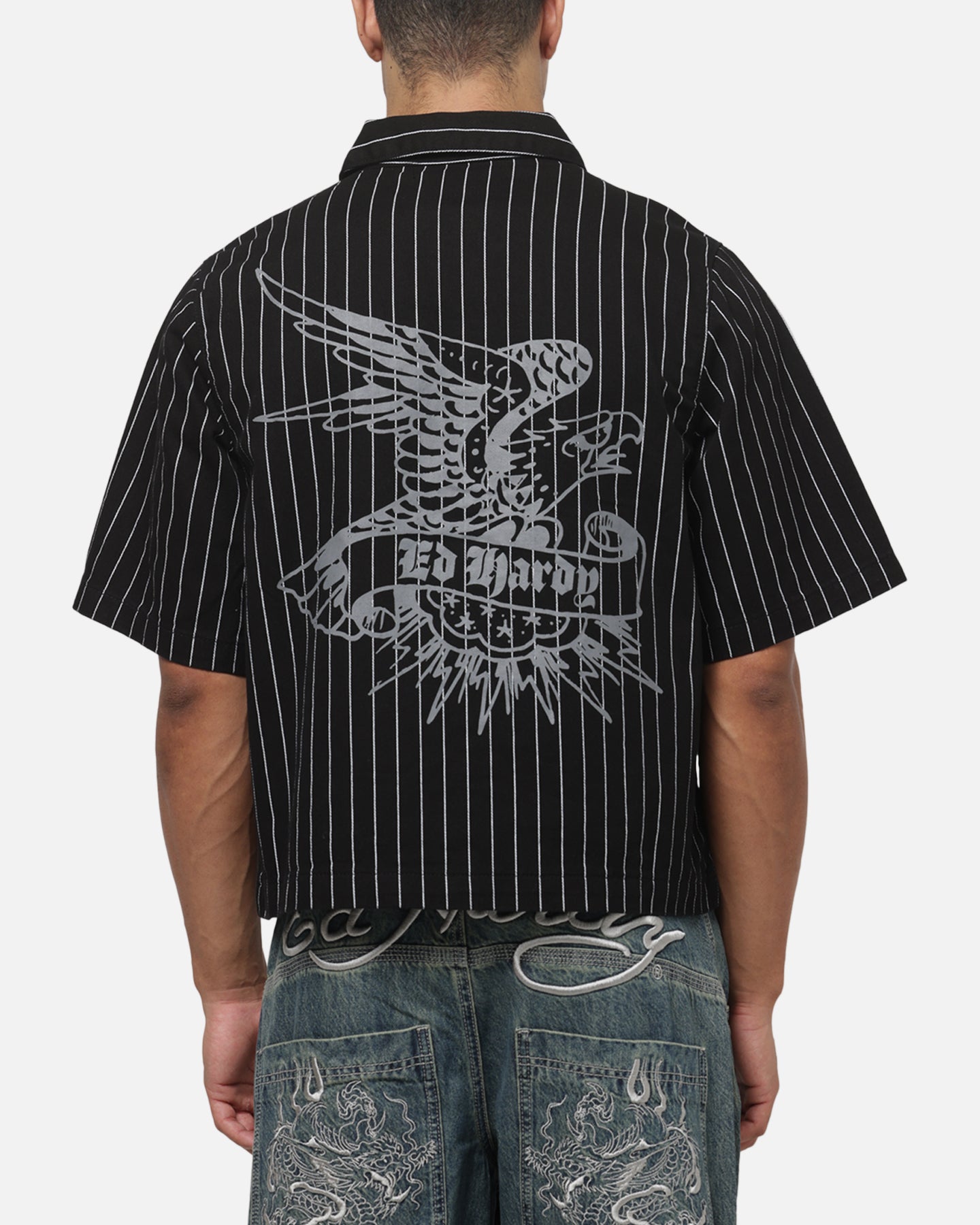 Ed Hardy Eagle Button Up Shirt Black Pinstripe
