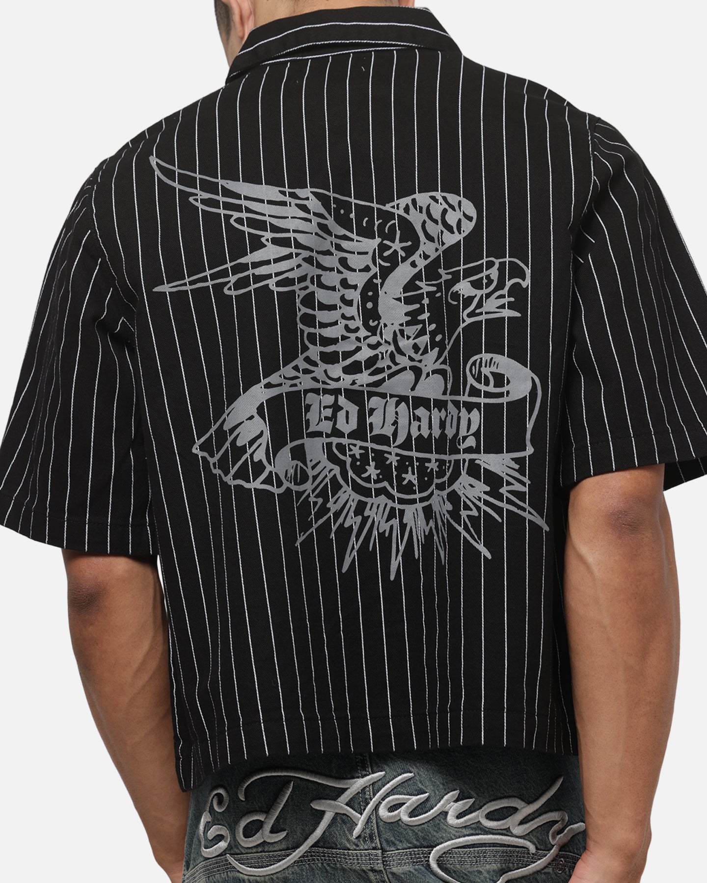 Ed Hardy Eagle Button Up Shirt Black Pinstripe