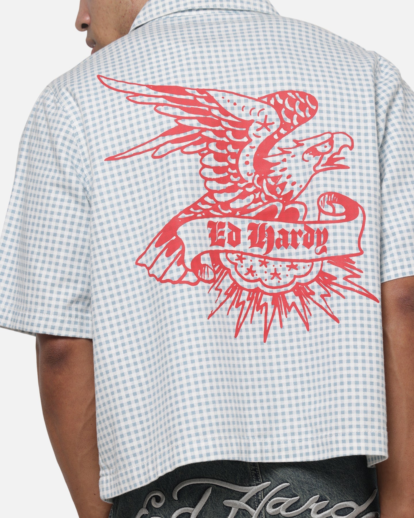 Ed Hardy Eagle Button Up Shirt Blue Pinstripe