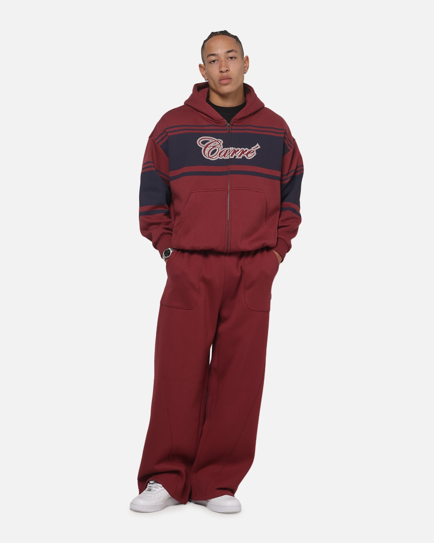 Carre Varsity Stripe Zip Hoodie Burgundy/Navy