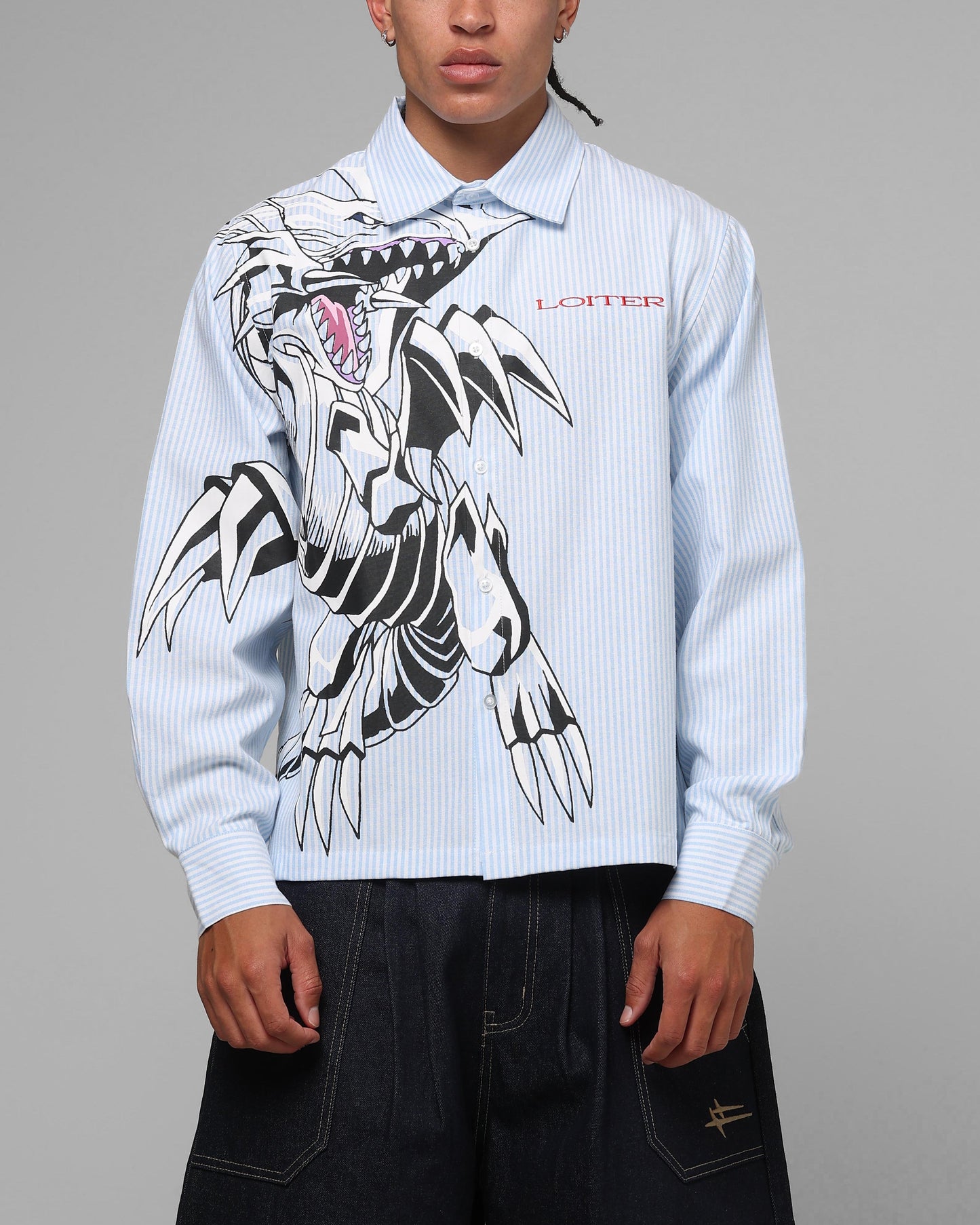 Loiter x Yu-Gi-Oh! Blue Eyes Button Up Shirt Blue Stripe