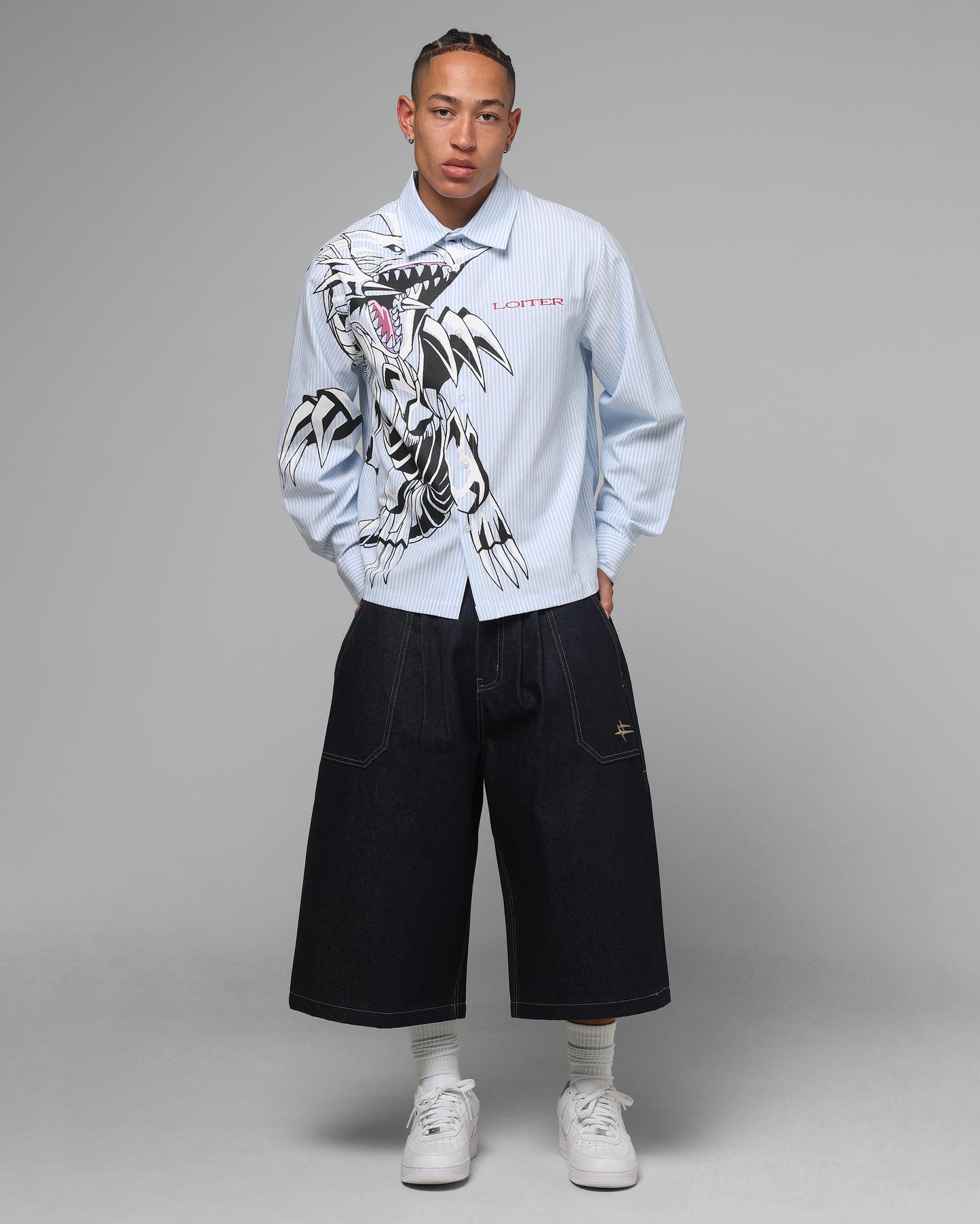 Loiter x Yu-Gi-Oh! Blue Eyes Button Up Shirt Blue Stripe