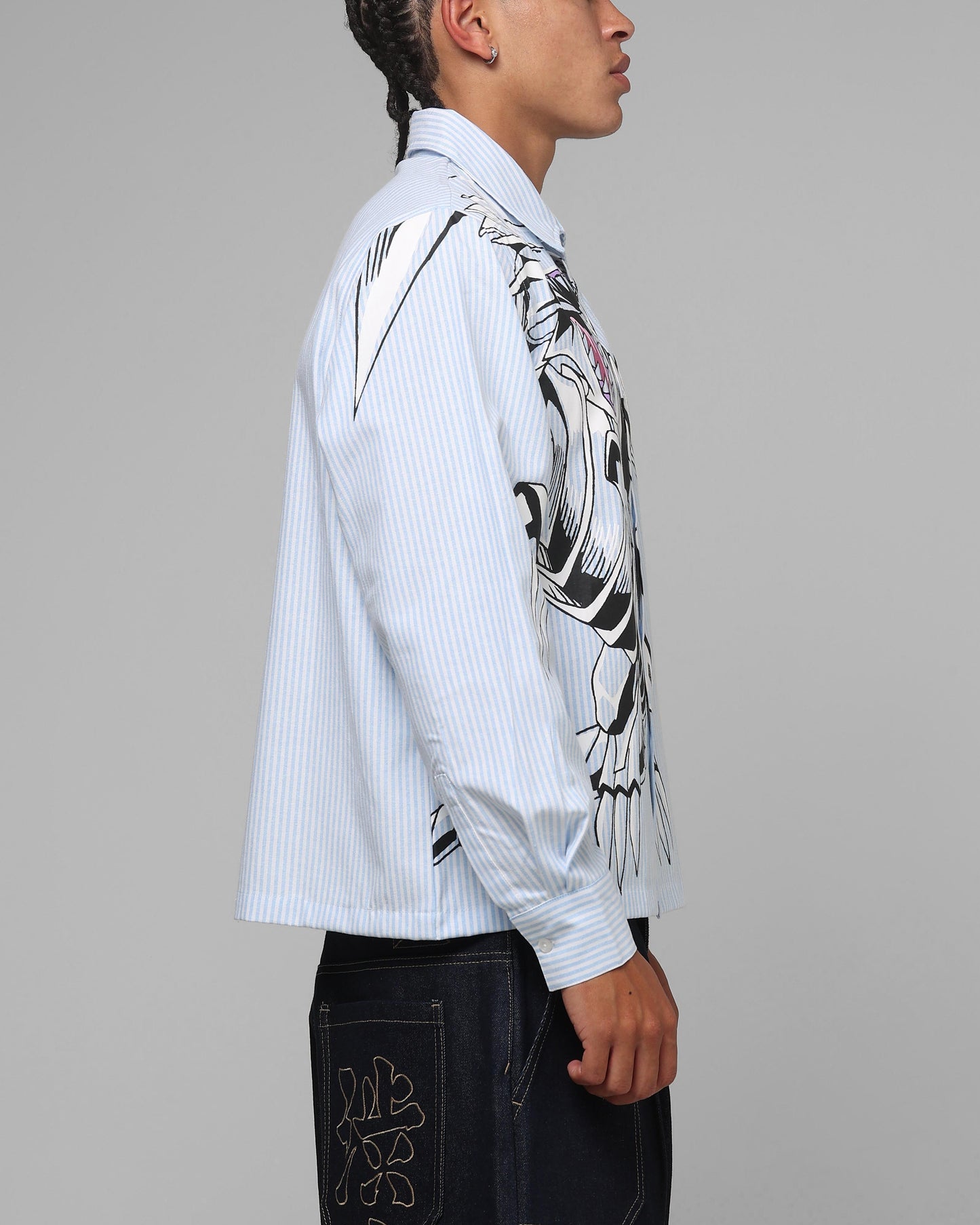 Loiter x Yu-Gi-Oh! Blue Eyes Button Up Shirt Blue Stripe