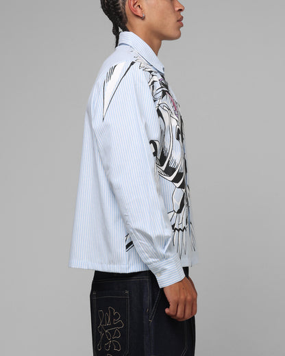 Loiter x Yu-Gi-Oh! Blue Eyes Button Up Shirt Blue Stripe