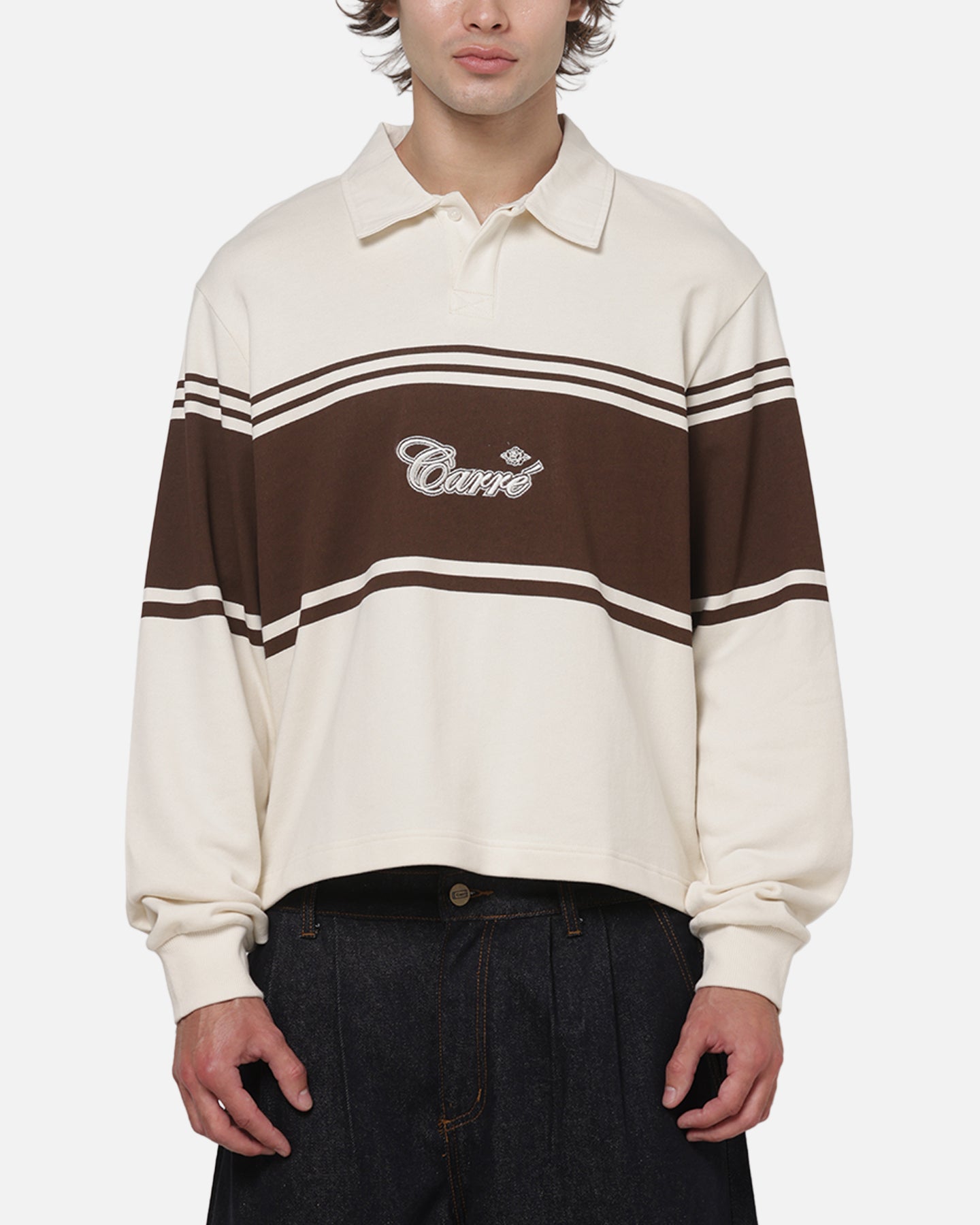 Carre Varsity Long Sleeve Polo Shirt Off White/Brown