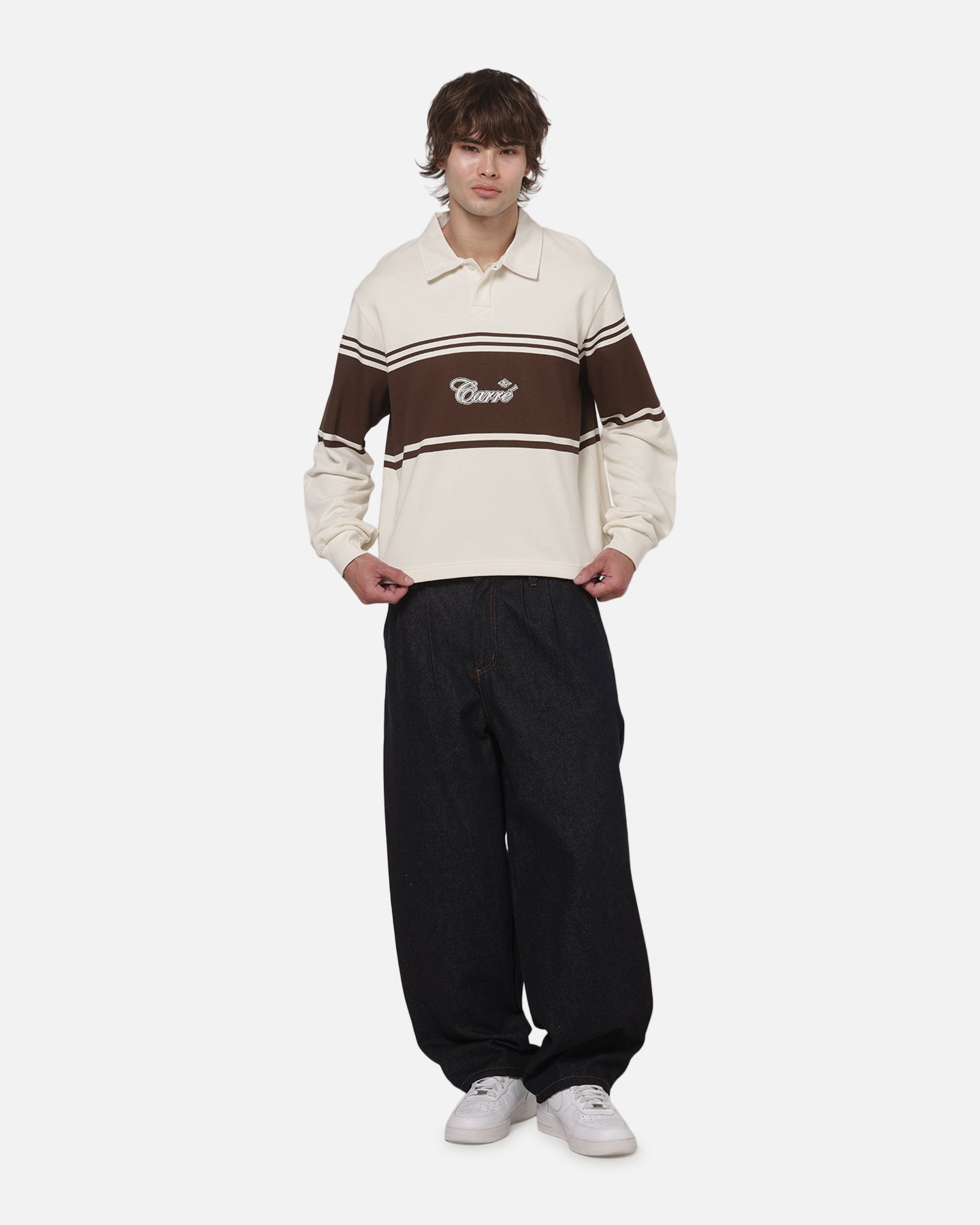 Carre Varsity Long Sleeve Polo Shirt Off White/Brown