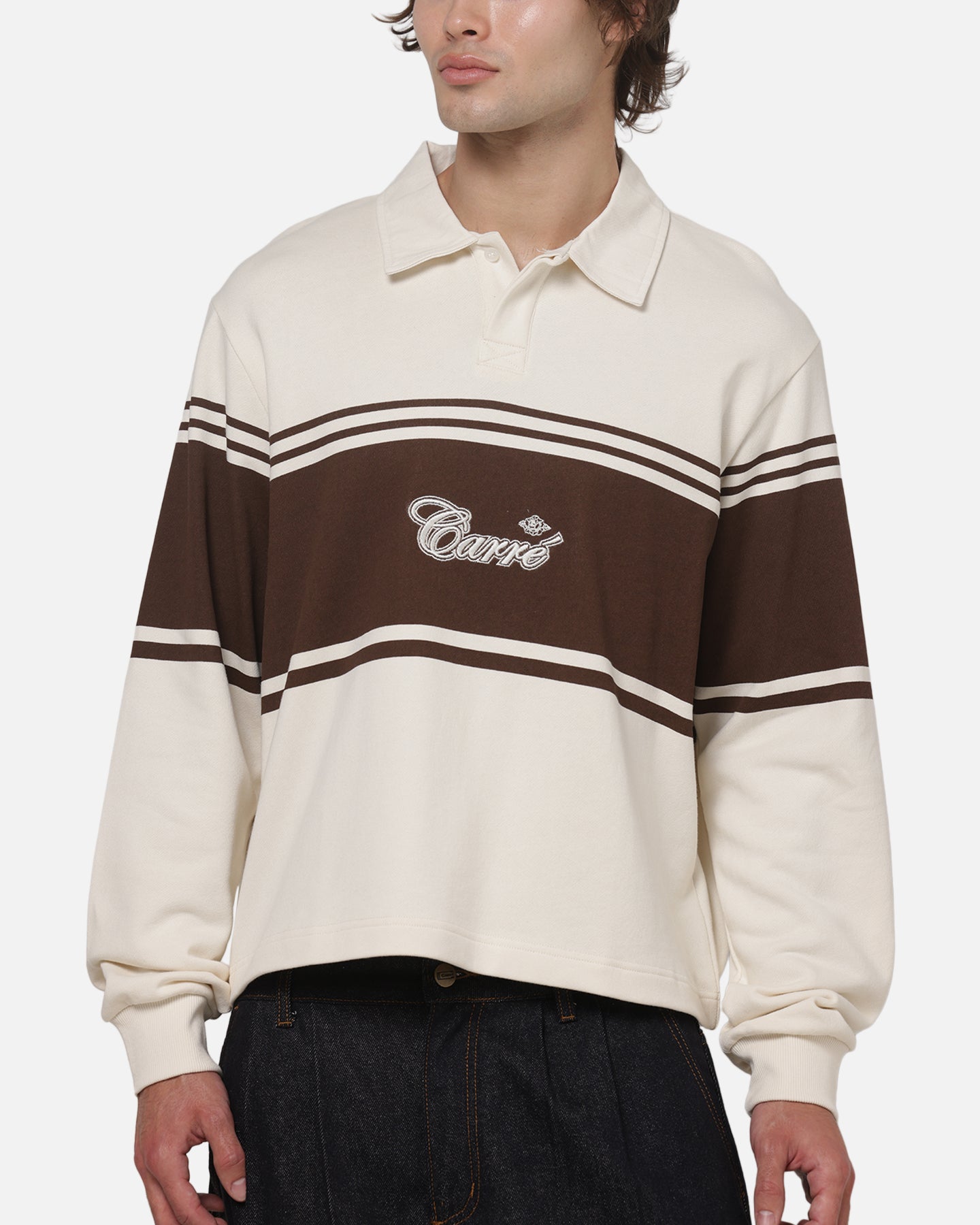 Carre Varsity Long Sleeve Polo Shirt Off White/Brown