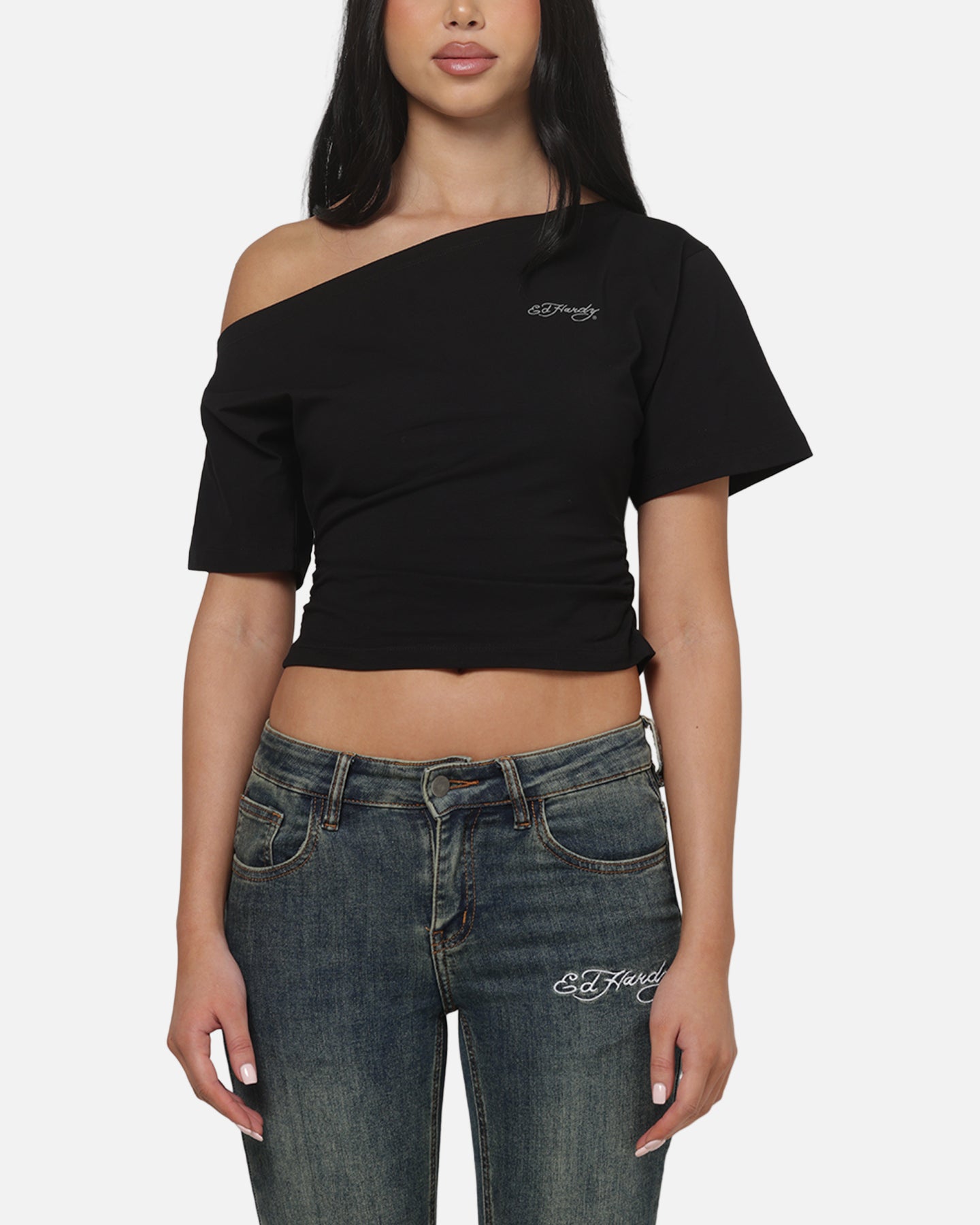 AVILA Ed Hardy Women's Off Shoulder T-Shirt Black