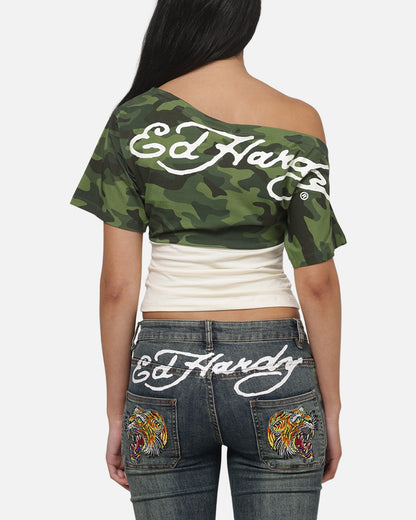AVILA Ed Hardy Women's Off Shoulder T-Shirt Woodland Camo