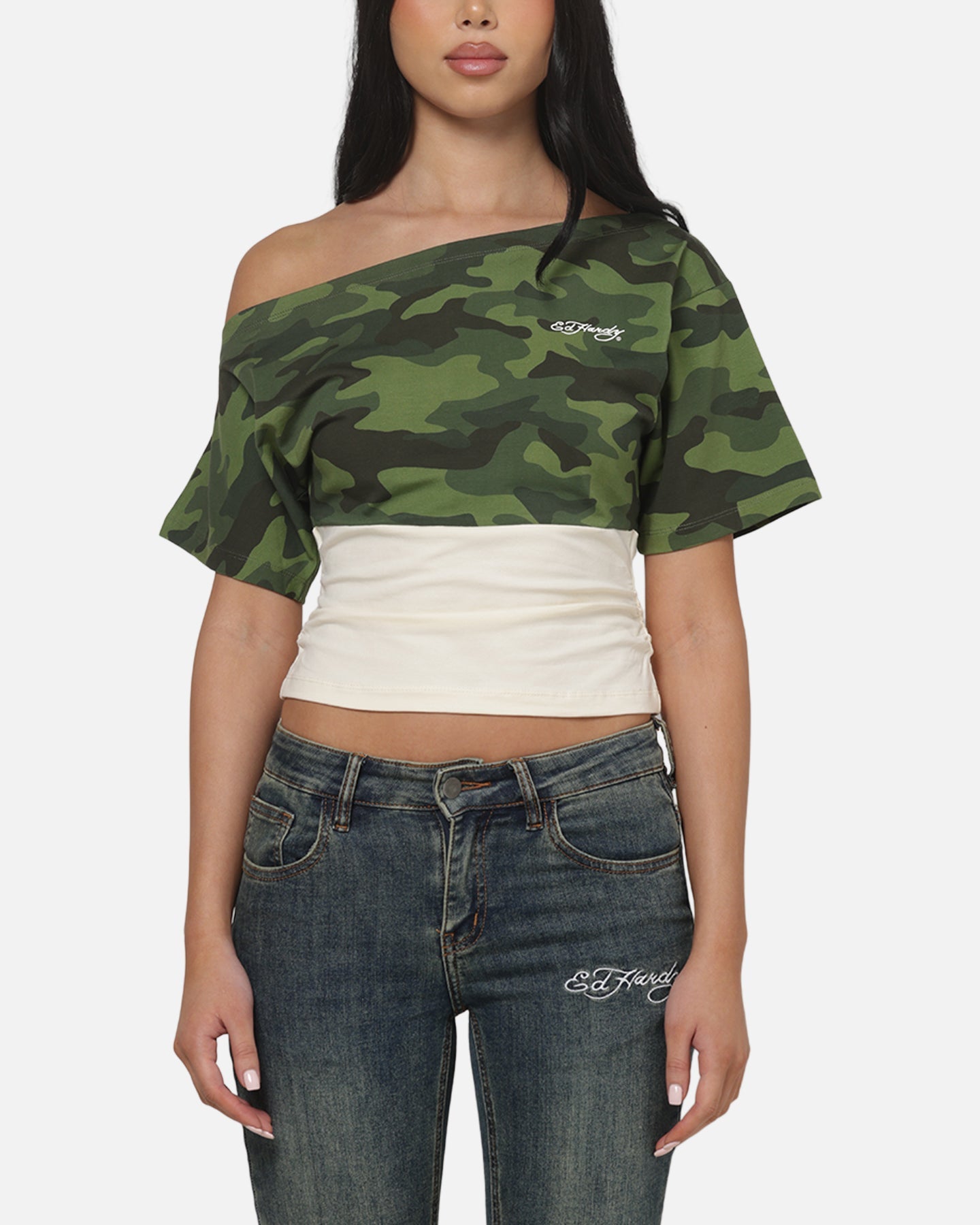 AVILA Ed Hardy Women's Off Shoulder T-Shirt Woodland Camo