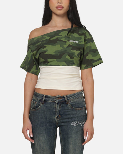 AVILA Ed Hardy Women's Off Shoulder T-Shirt Woodland Camo