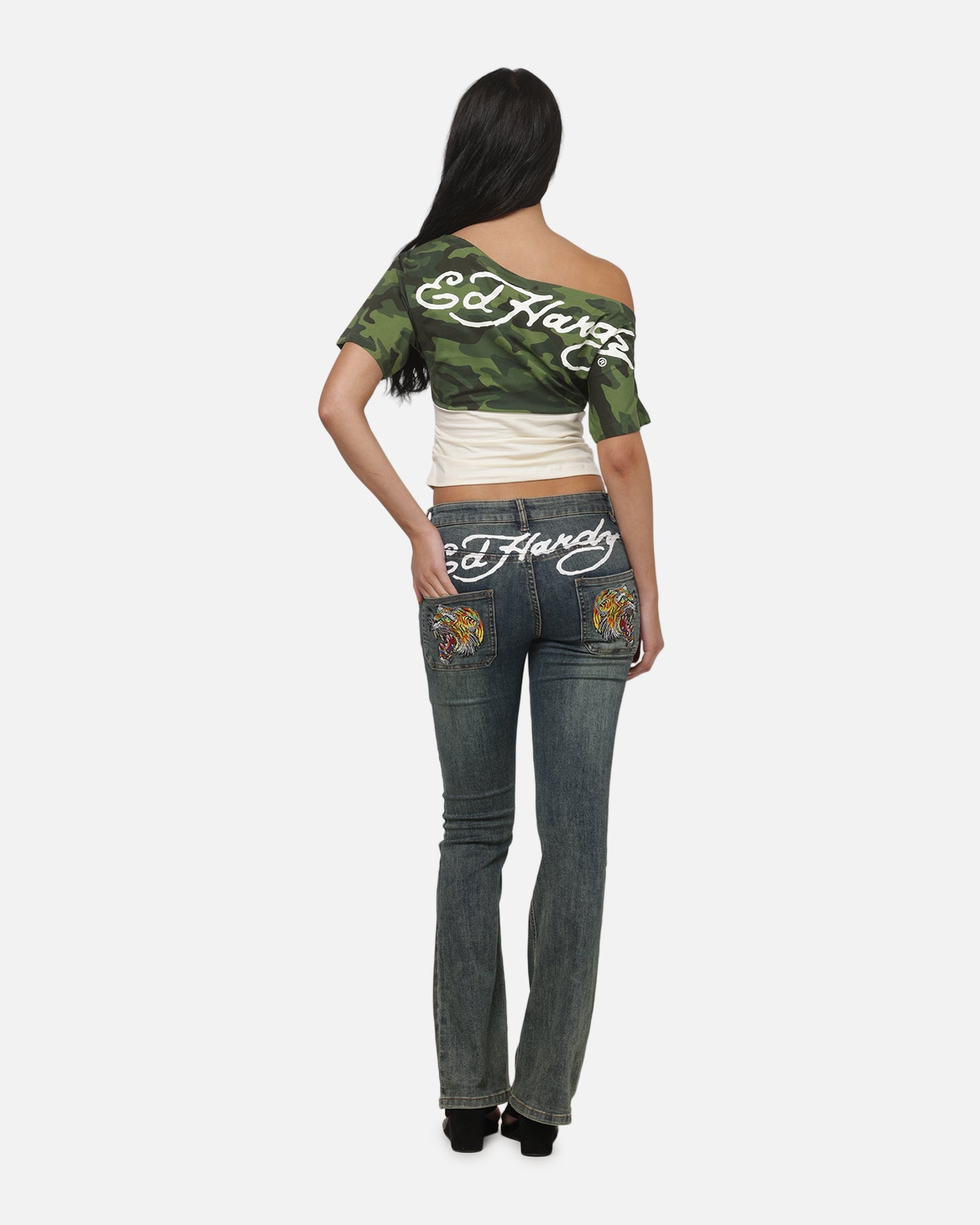 AVILA Ed Hardy Women's Off Shoulder T-Shirt Woodland Camo