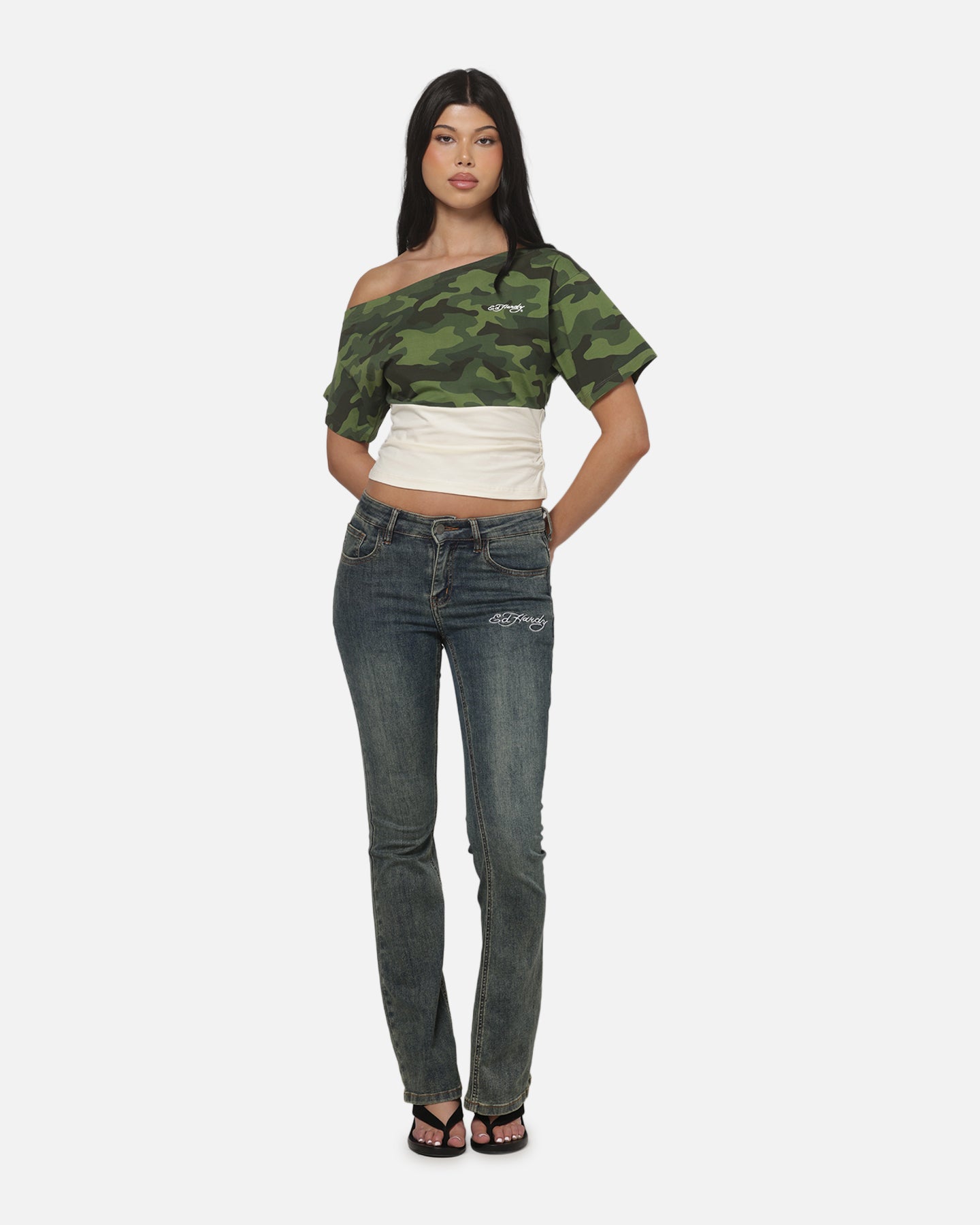 AVILA Ed Hardy Women's Off Shoulder T-Shirt Woodland Camo