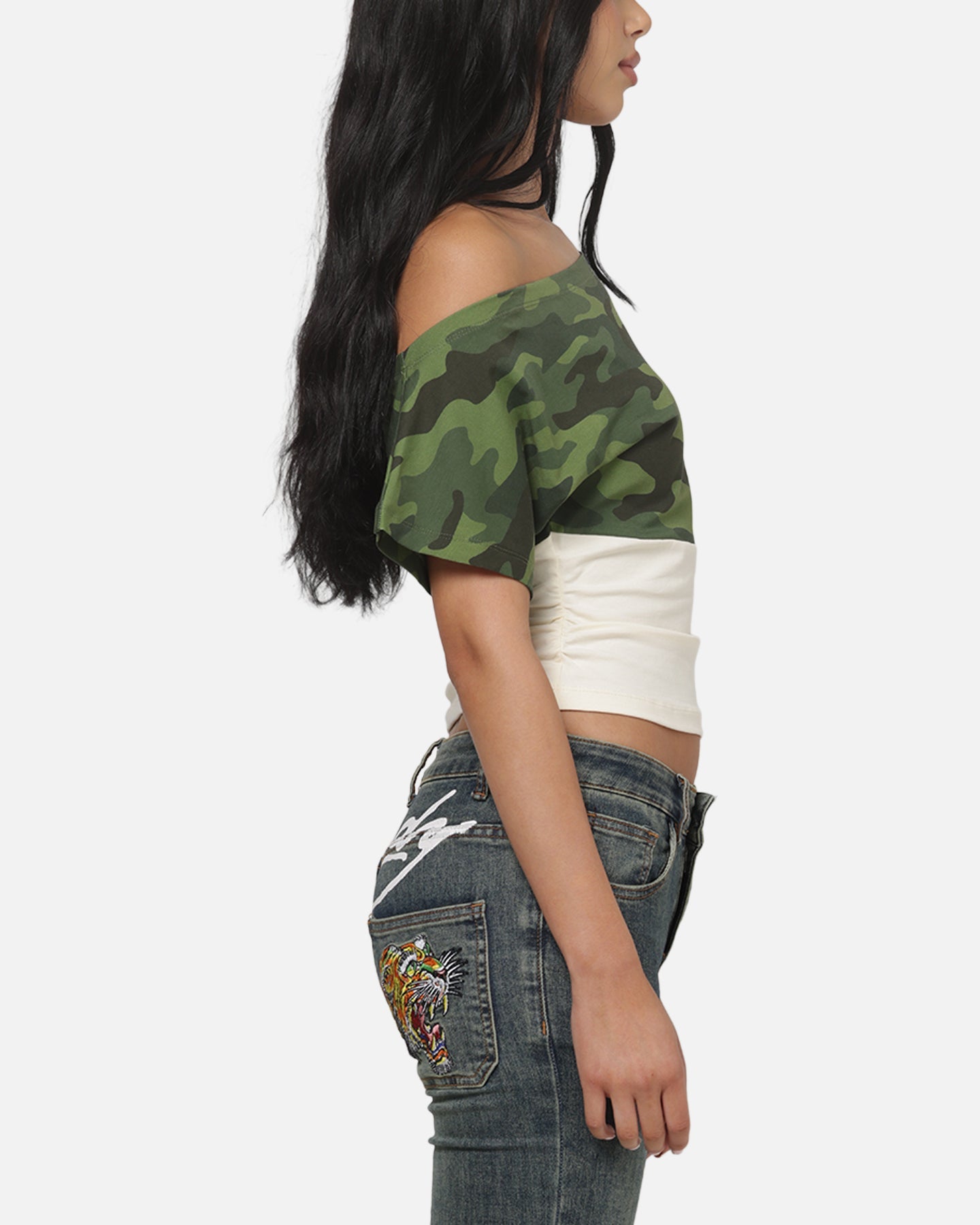 AVILA Ed Hardy Women's Off Shoulder T-Shirt Woodland Camo