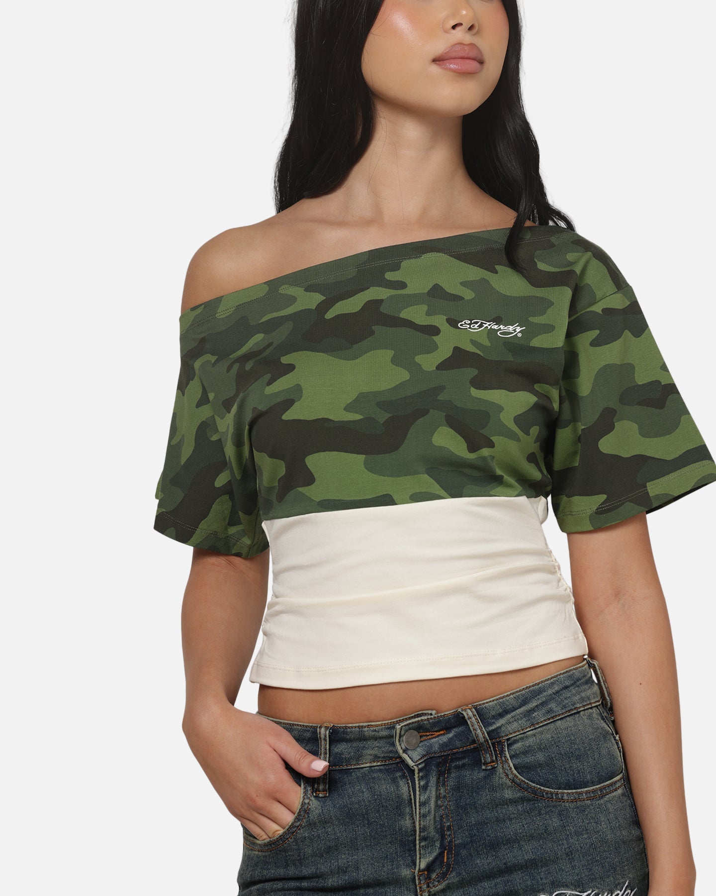 AVILA Ed Hardy Women's Off Shoulder T-Shirt Woodland Camo
