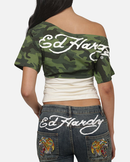 AVILA Ed Hardy Women's Off Shoulder T-Shirt Woodland Camo