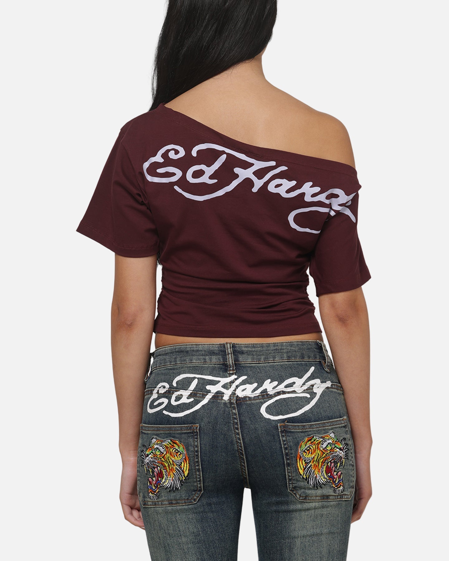 AVILA Ed Hardy Women's Off Shoulder T-Shirt Plum