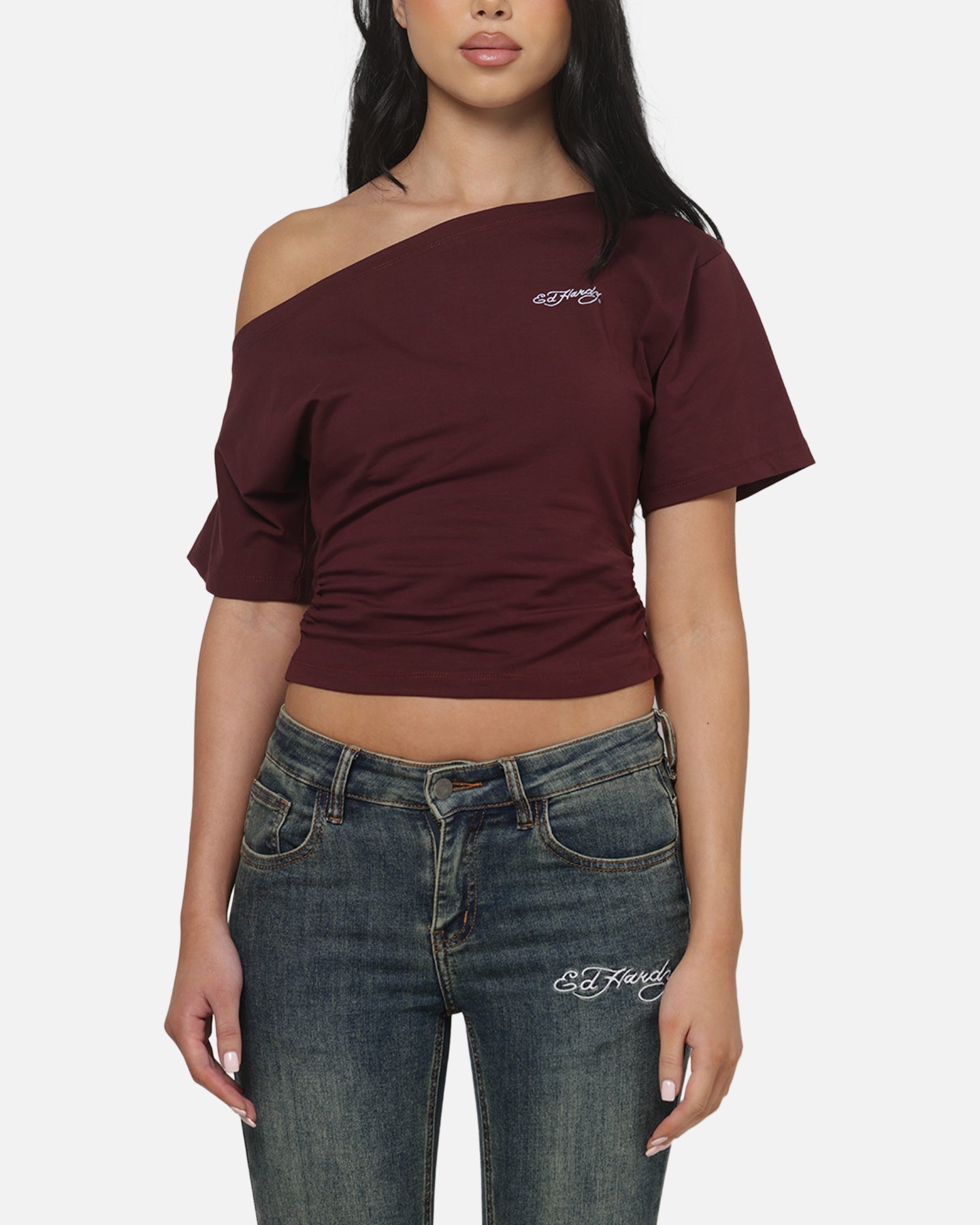 AVILA Ed Hardy Women's Off Shoulder T-Shirt Plum