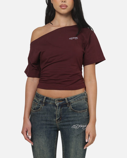 AVILA Ed Hardy Women's Off Shoulder T-Shirt Plum
