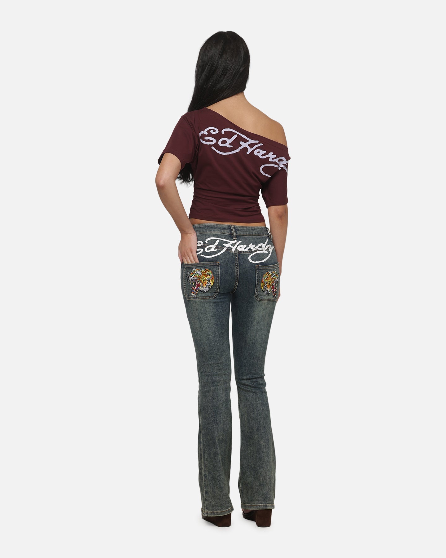 AVILA Ed Hardy Women's Off Shoulder T-Shirt Plum