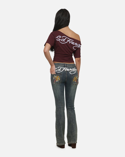 AVILA Ed Hardy Women's Off Shoulder T-Shirt Plum