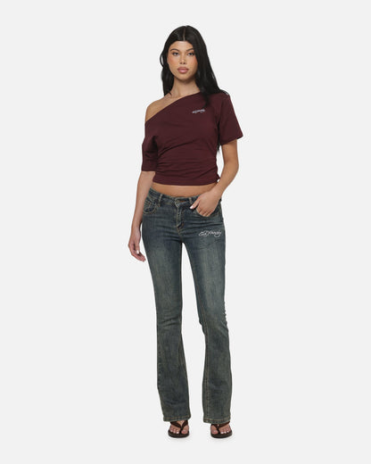 AVILA Ed Hardy Women's Off Shoulder T-Shirt Plum